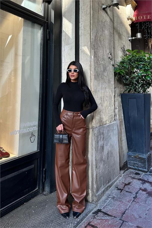 Kadın Taba Yüksek Bel Deri Bol Paça Pantolon ESR009 