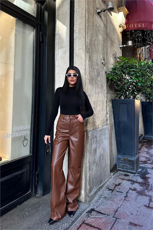 Kadın Taba Yüksek Bel Deri Bol Paça Pantolon ESR009 