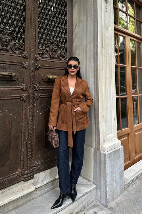 Kadın Taba Süet Kemerli Kadın Ceket ESR011 