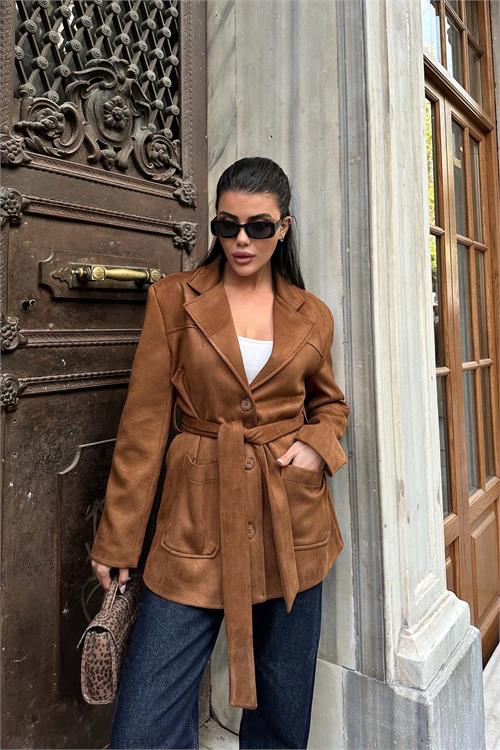 Kadın Taba Süet Kemerli Kadın Ceket ESR011 