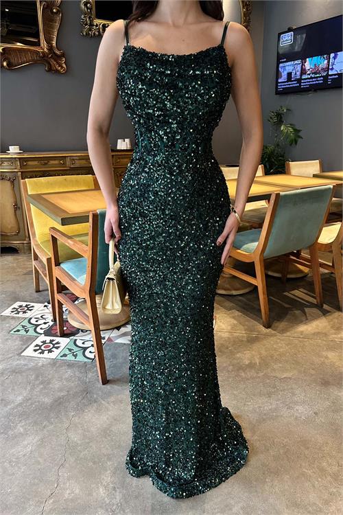 Zümrüt Yeşili Pul Payetli Uzun Abiye Elbise | Astarlı Şık Gece Elbisesi ESR033 