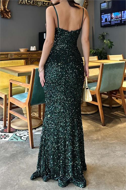 Zümrüt Yeşili Pul Payetli Uzun Abiye Elbise | Astarlı Şık Gece Elbisesi ESR033 
