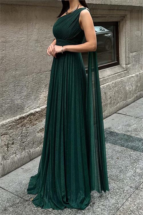 Kadın Zümrüt Yeşili Tek Omuz Simli Kumaş Işıltılı Maxi Abiye Elbise ESR030 