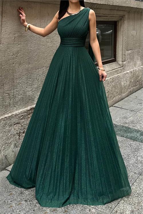 Kadın Zümrüt Yeşili Tek Omuz Simli Kumaş Işıltılı Maxi Abiye Elbise ESR030 