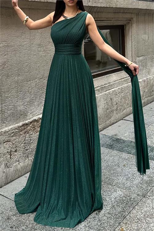 Kadın Zümrüt Yeşili Tek Omuz Simli Kumaş Işıltılı Maxi Abiye Elbise ESR030 