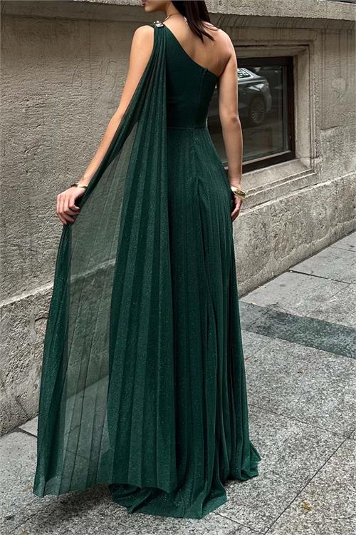 Kadın Zümrüt Yeşili Tek Omuz Simli Kumaş Işıltılı Maxi Abiye Elbise ESR030 