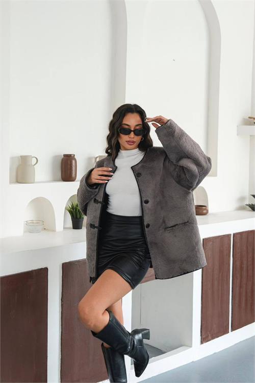 XXL Butik kadın düğmeli peluş kaban ESRMYLK31 