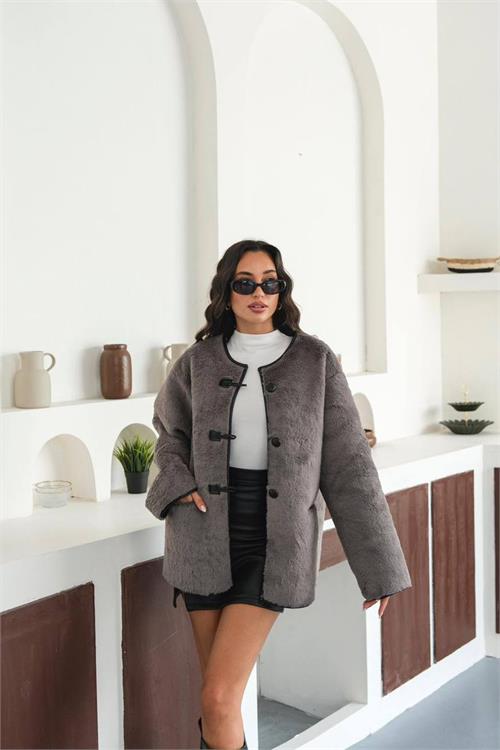 XXL Butik kadın düğmeli peluş kaban ESRMYLK31 