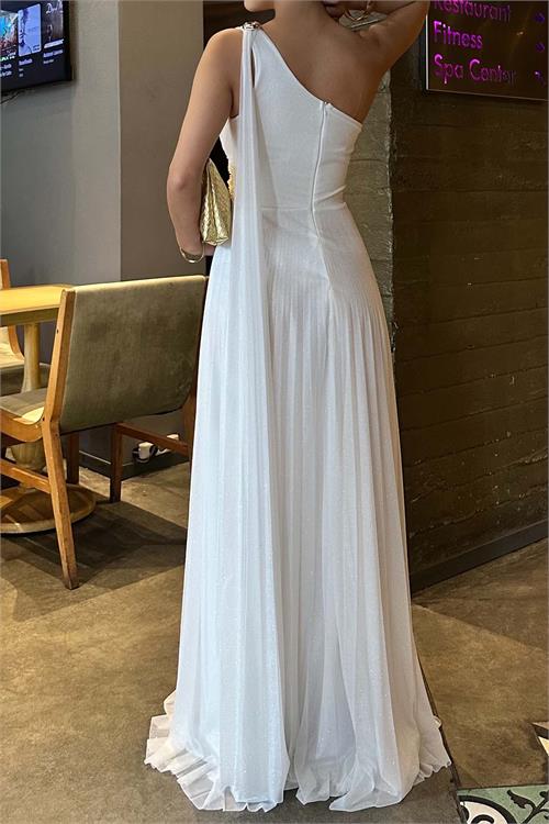 Kadın Beyaz Tek Omuz Simli Kumaş Işıltılı Maxi Abiye Elbise ESR030 