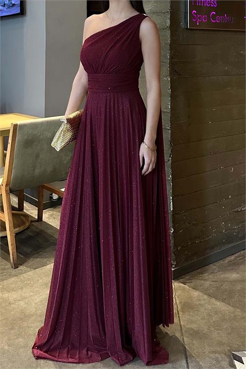 Kadın Bordo Tek Omuz Simli Kumaş Işıltılı Maxi Abiye Elbise ESR030 