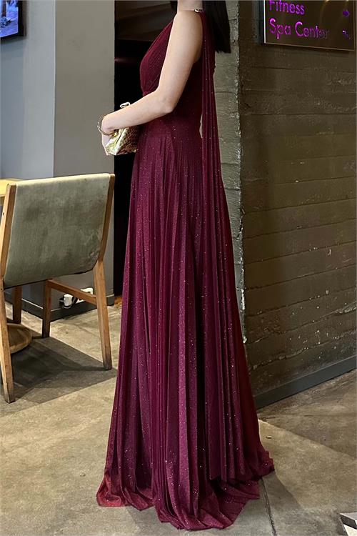 Kadın Bordo Tek Omuz Simli Kumaş Işıltılı Maxi Abiye Elbise ESR030 