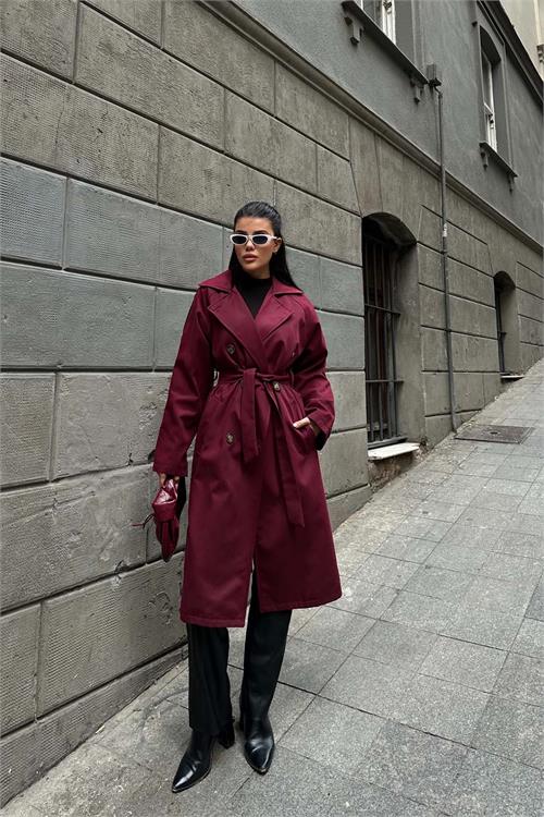 Kadın Bordo Astarlı Oversize Kemerli Trençkot ESR012 