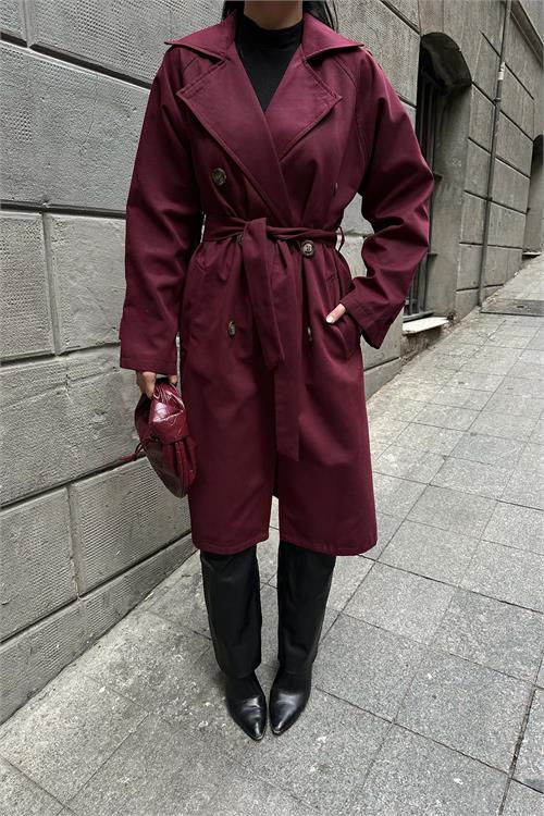 Kadın Bordo Astarlı Oversize Kemerli Trençkot ESR012 