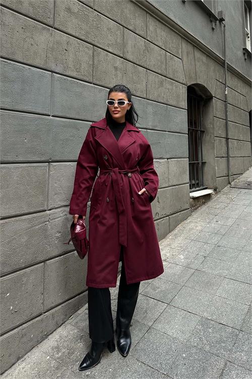 Kadın Bordo Astarlı Oversize Kemerli Trençkot ESR012 