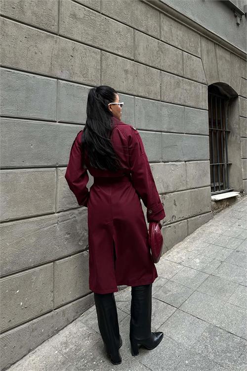 Kadın Bordo Astarlı Oversize Kemerli Trençkot ESR012 