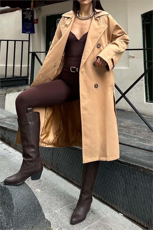 Kadın Camel Astarlı Oversize Kemerli Trençkot ESR012 