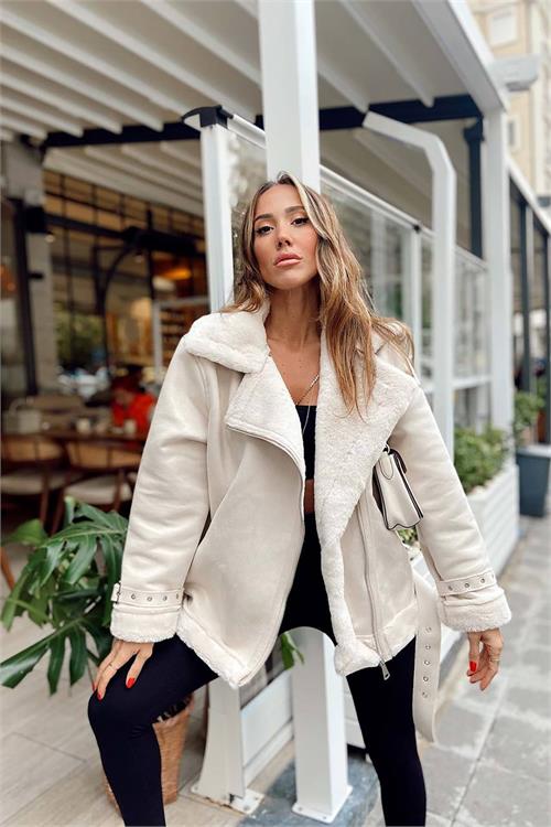 XXL Butik kadın ekru içi kürklü süet ceket MYLK11 