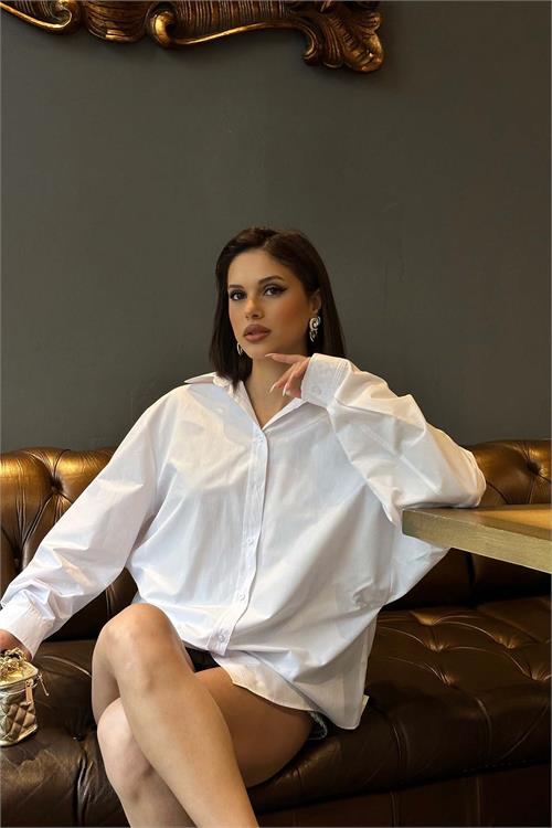 Kadın Ekru Oversize Gömlek Uzun Kollu Tasarım Model ESR078