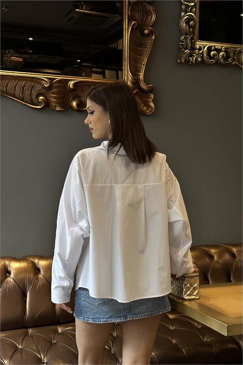 Kadın Ekru Oversize Gömlek Uzun Kollu Tasarım Model ESR078