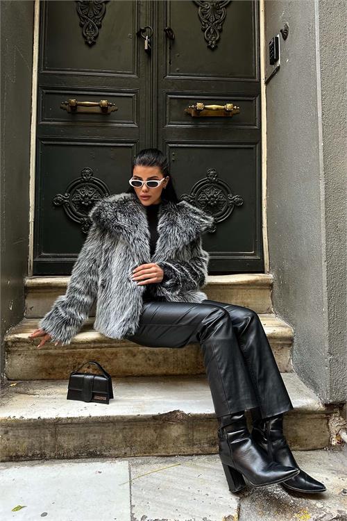 Kadın Gri Oversize Kürk Kaban | Çıt Çıtlı Cepli ESR005 