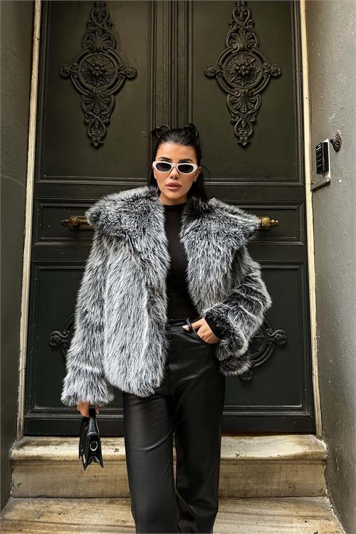 Kadın Gri Oversize Kürk Kaban | Çıt Çıtlı Cepli ESR005 
