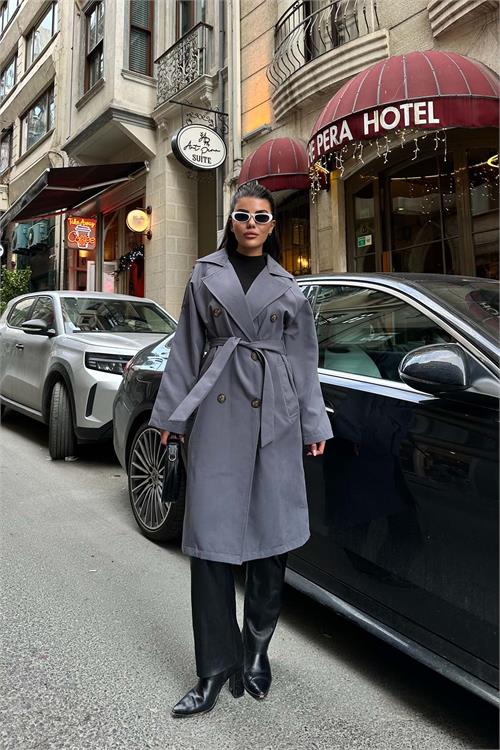 Kadın Gri Astarlı Oversize Kemerli Trençkot ESR012 