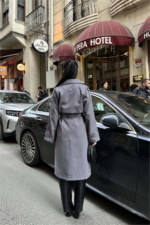 Kadın Gri Astarlı Oversize Kemerli Trençkot ESR012 