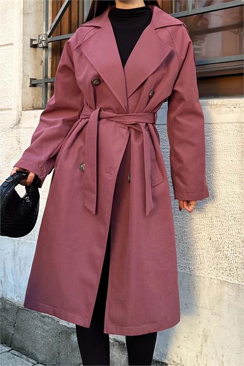 Kadın Gül Kurusu Astarlı Oversize Kemerli Trençkot ESR012 