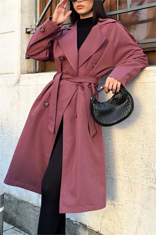 Kadın Gül Kurusu Astarlı Oversize Kemerli Trençkot ESR012 