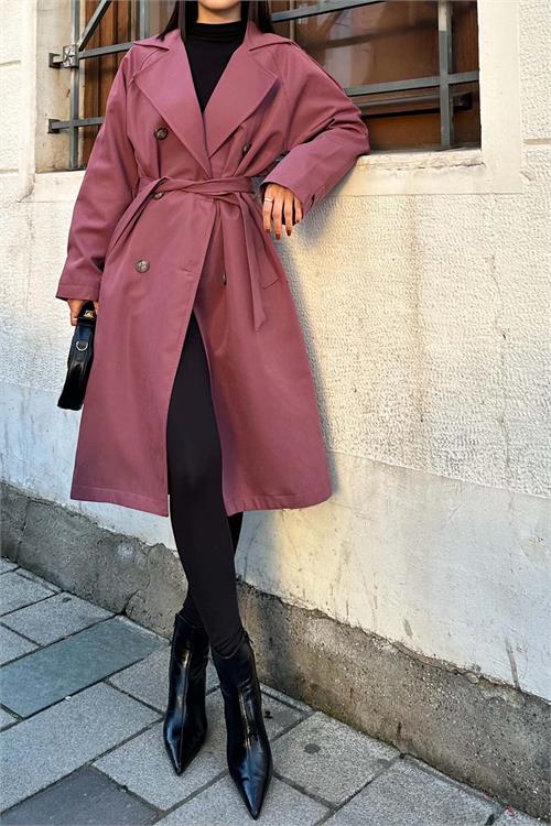 Kadın Gül Kurusu Astarlı Oversize Kemerli Trençkot ESR012 