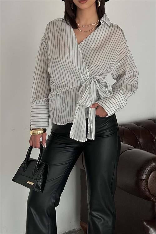 Kadın Ekru Çizgili Kruvaze Bağlama Detaylı Gömlek ESR064 