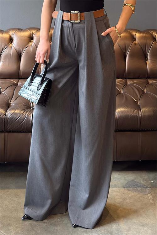 Kadın Gri Kemerli Poliviskon Kumaş Bol Paça Pantolon – ESR080 