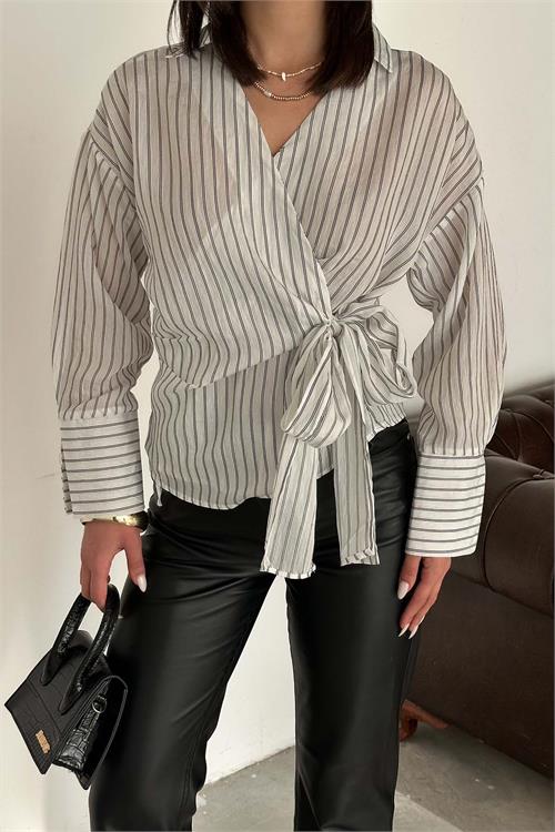 Kadın Ekru Çizgili Kruvaze Bağlama Detaylı Gömlek ESR064 