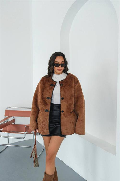 Kadın düğmeli oversize peluş ceket ESRMYLK31 