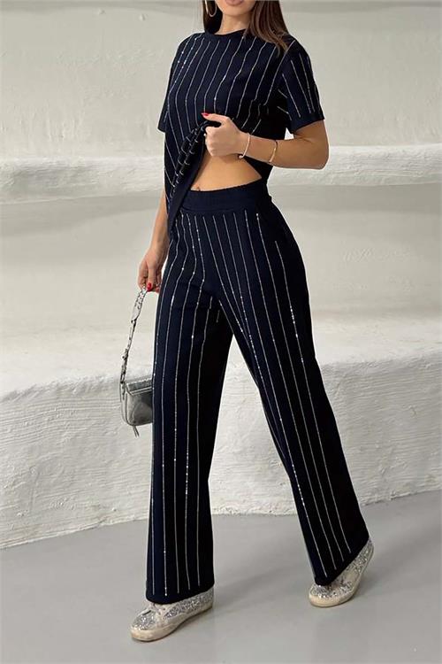 Kadın lacivert Çizgili Taş Detaylı Pantolon Tişört Takım ESR028 