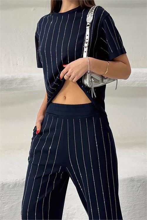 Kadın lacivert Çizgili Taş Detaylı Pantolon Tişört Takım ESR028 