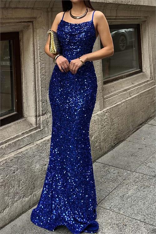 Saks Mavisi Pul Payetli Uzun Abiye Elbise | Astarlı Şık Gece Elbisesi ESR033 