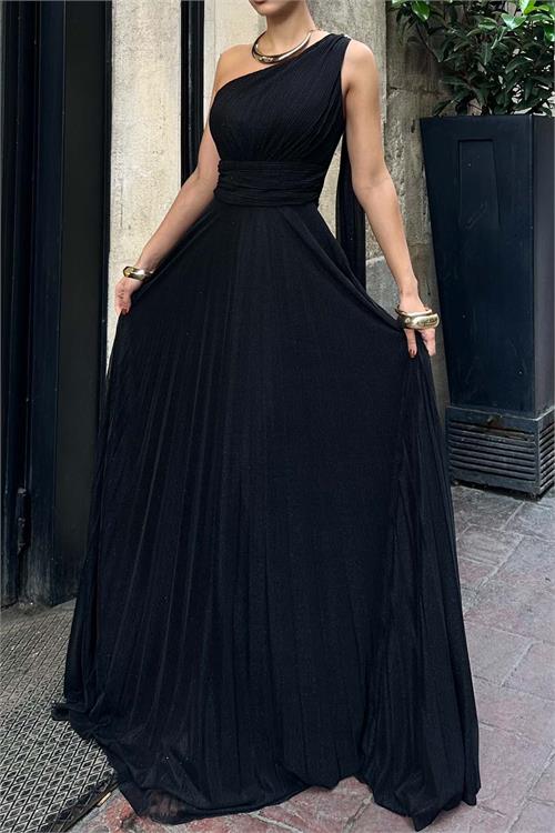 Kadın Siyah Tek Omuz Simli Kumaş Işıltılı Maxi Abiye Elbise ESR030 