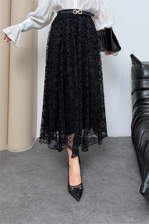Kadın Siyah Kemerli Tül Detaylı Uzun Etek ESR082 
