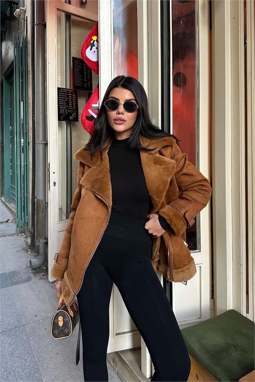 Kadın Taba İçi Kürk Kemerli Süet Ceket ESR007 