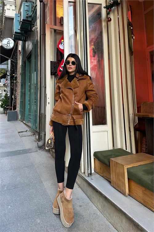 Kadın Taba İçi Kürk Kemerli Süet Ceket ESR007 