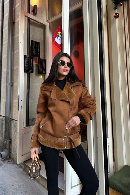 Kadın Taba İçi Kürk Kemerli Süet Ceket ESR007 